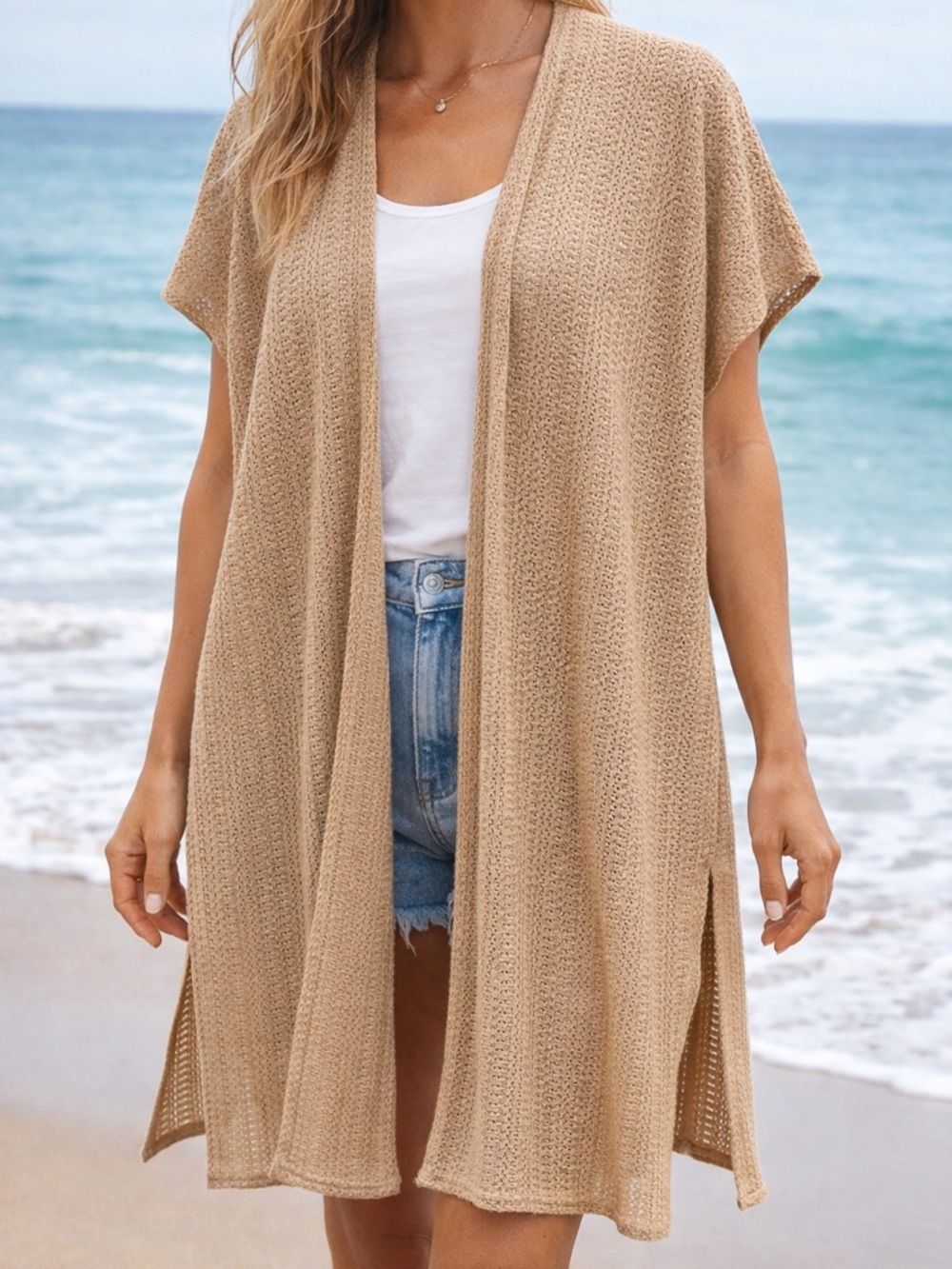 Steve Madden Beige Open-Knit Short Sleeve Cardigan